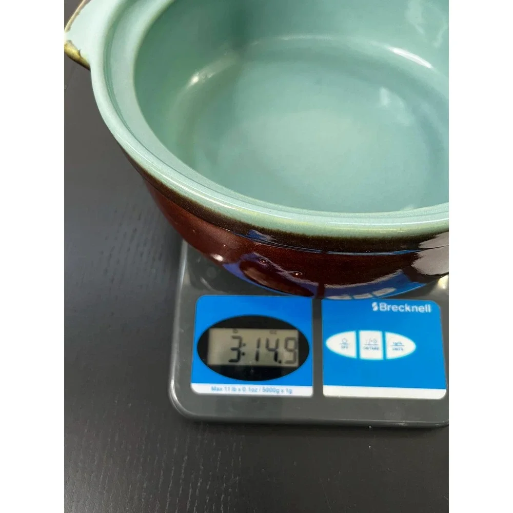 Vintage‎ Ceramic Casserole Dish Brown Turquoise MCM Single Handle 6.5in